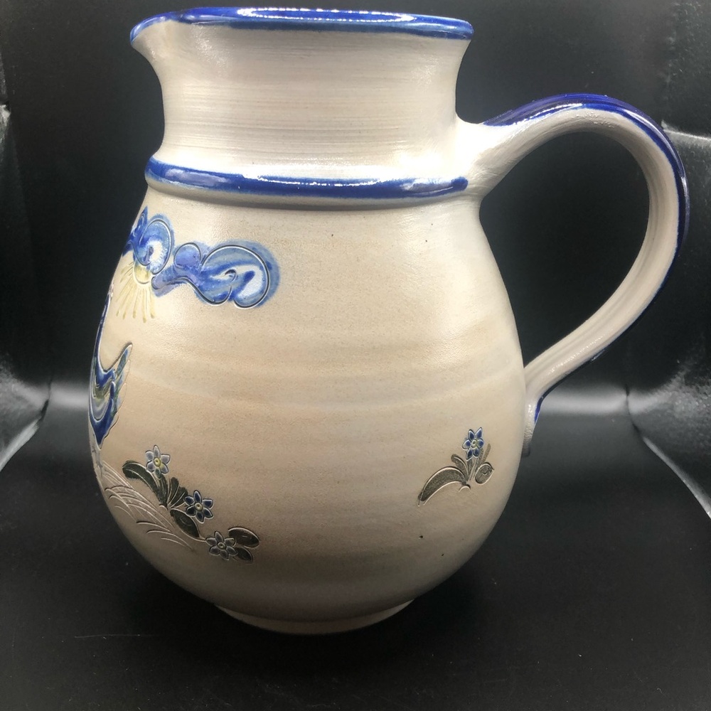 Henrichs Klauer Signed Salt Glazed Pottery Colbalt Blue Rooster Hen Pitcher - Picture 2 of 15
